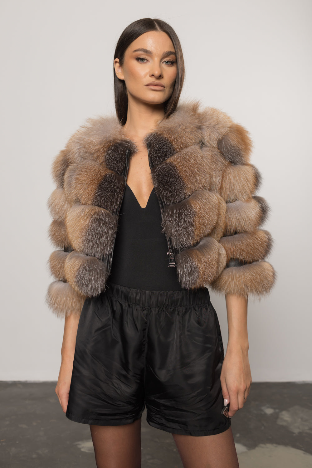 Women's Natural Fox Fur and Leather Coat, Brown Frost 249