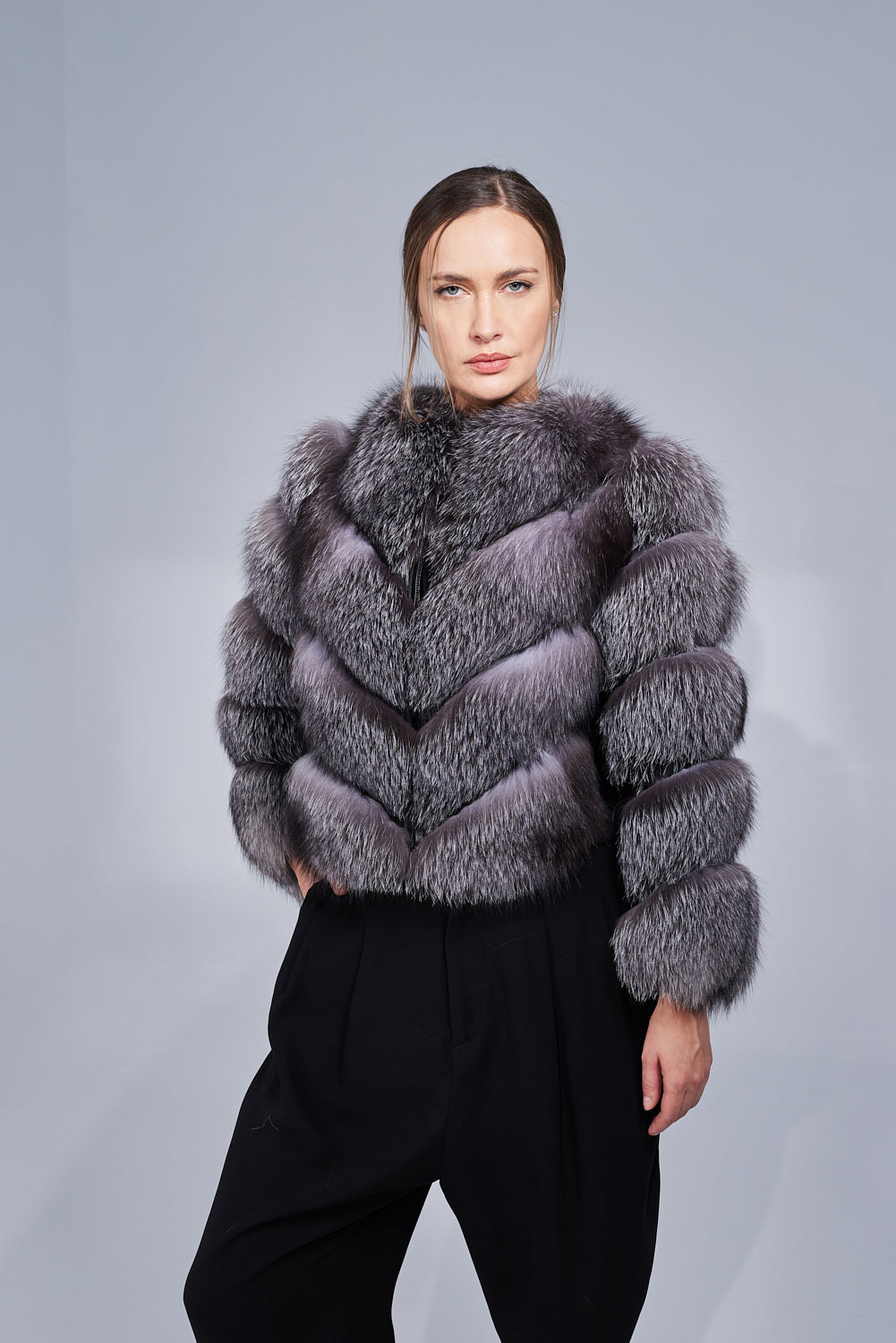 Natural Silver Fox Fur Coat V Model Women Gray Frost