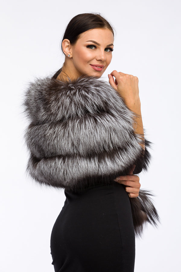 Women's Natural Fox Fur Shawl, Silver Grey 