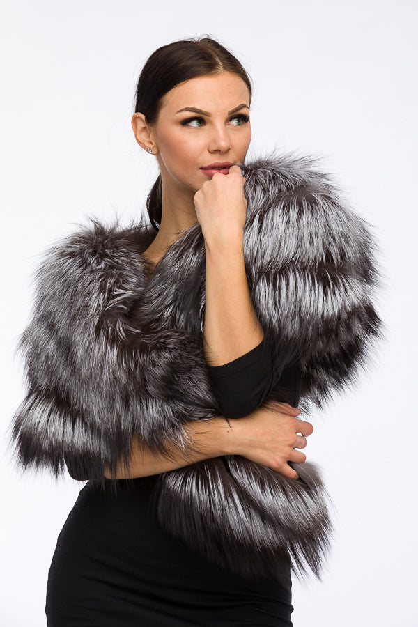 Women's Natural Fox Fur Shawl, Silver Grey 