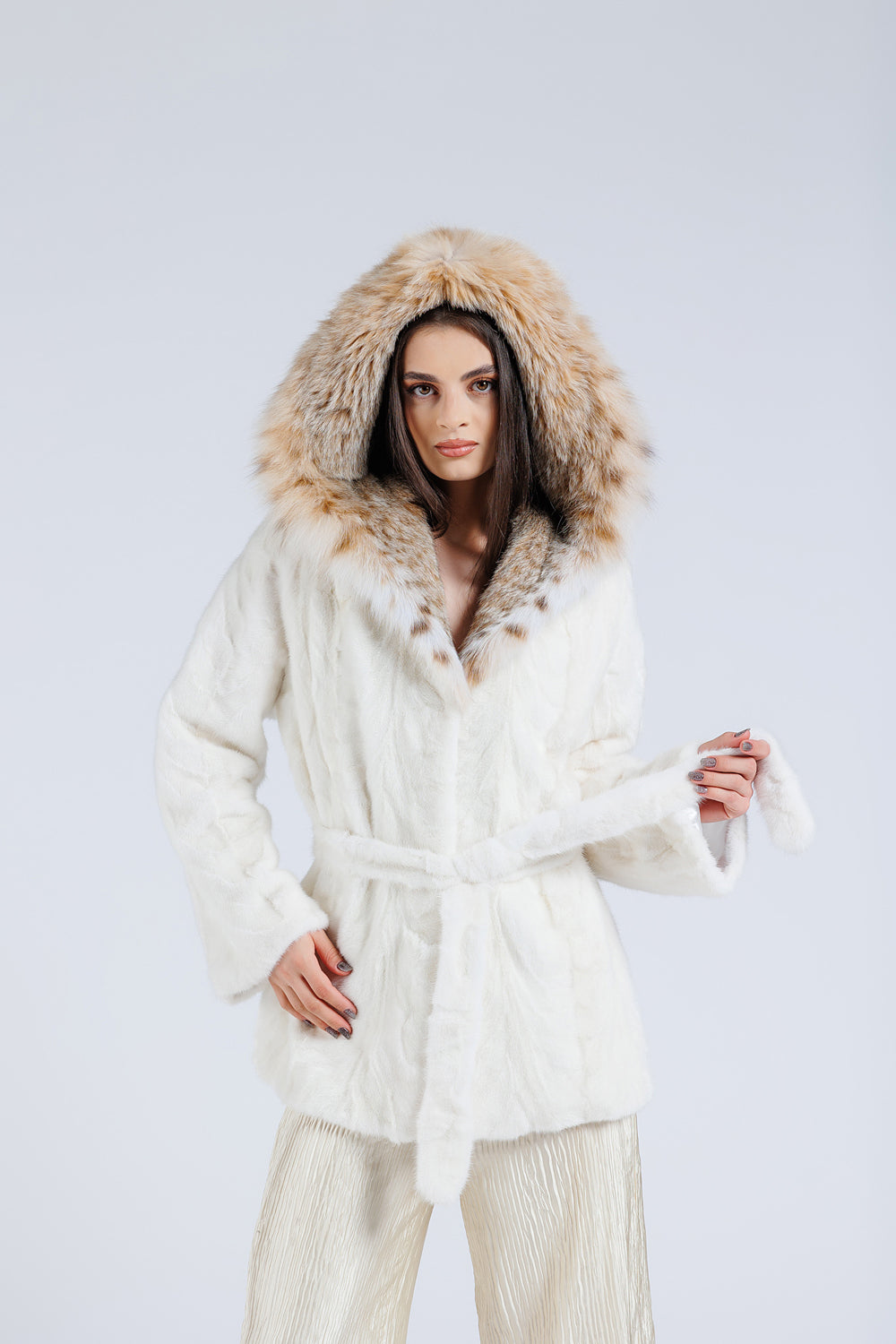 Haină din Blană Naturală de Vizon, din Bucăți, cu Glugă din Blană Naturală de Lynx, Cordon din Blană, Femei, Pearl 208