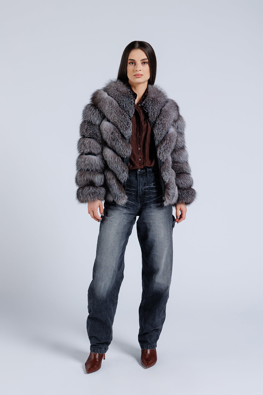 Natural Silver Fox Fur Coat, V Model, Women, Gray Frost