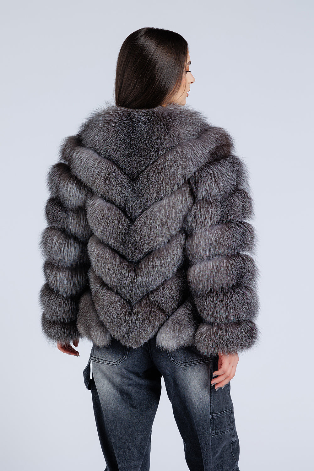 Natural Silver Fox Fur Coat, V Model, Women, Gray Frost