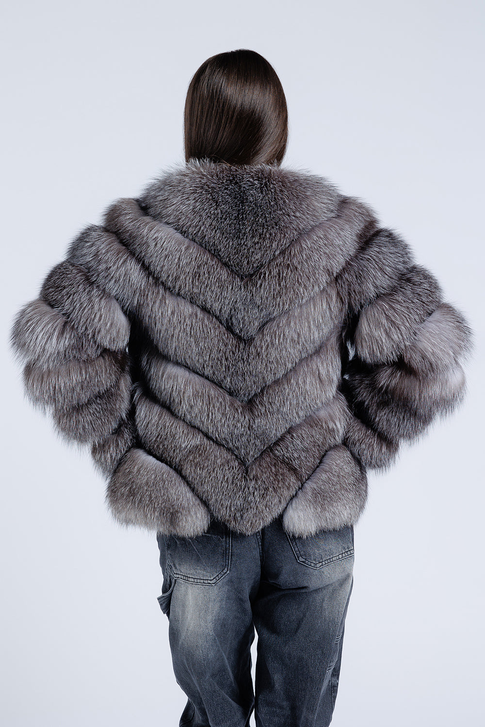 Natural Silver Fox Fur Coat, V Model, Women, Gray Frost