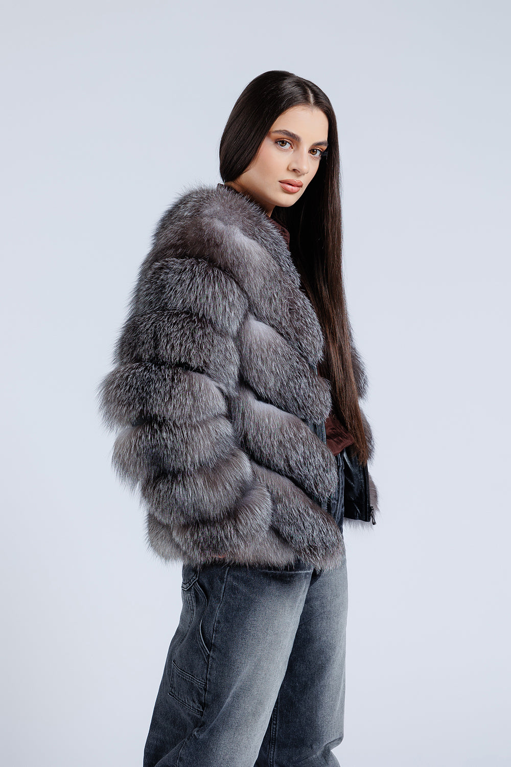 Natural Silver Fox Fur Coat, V Model, Women, Gray Frost