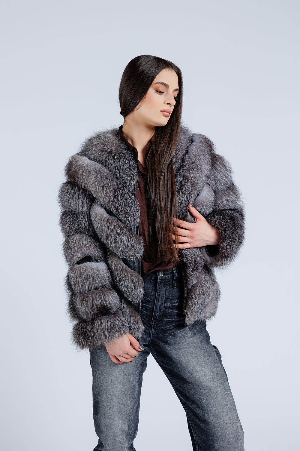 Natural Silver Fox Fur Coat, V Model, Women, Gray Frost