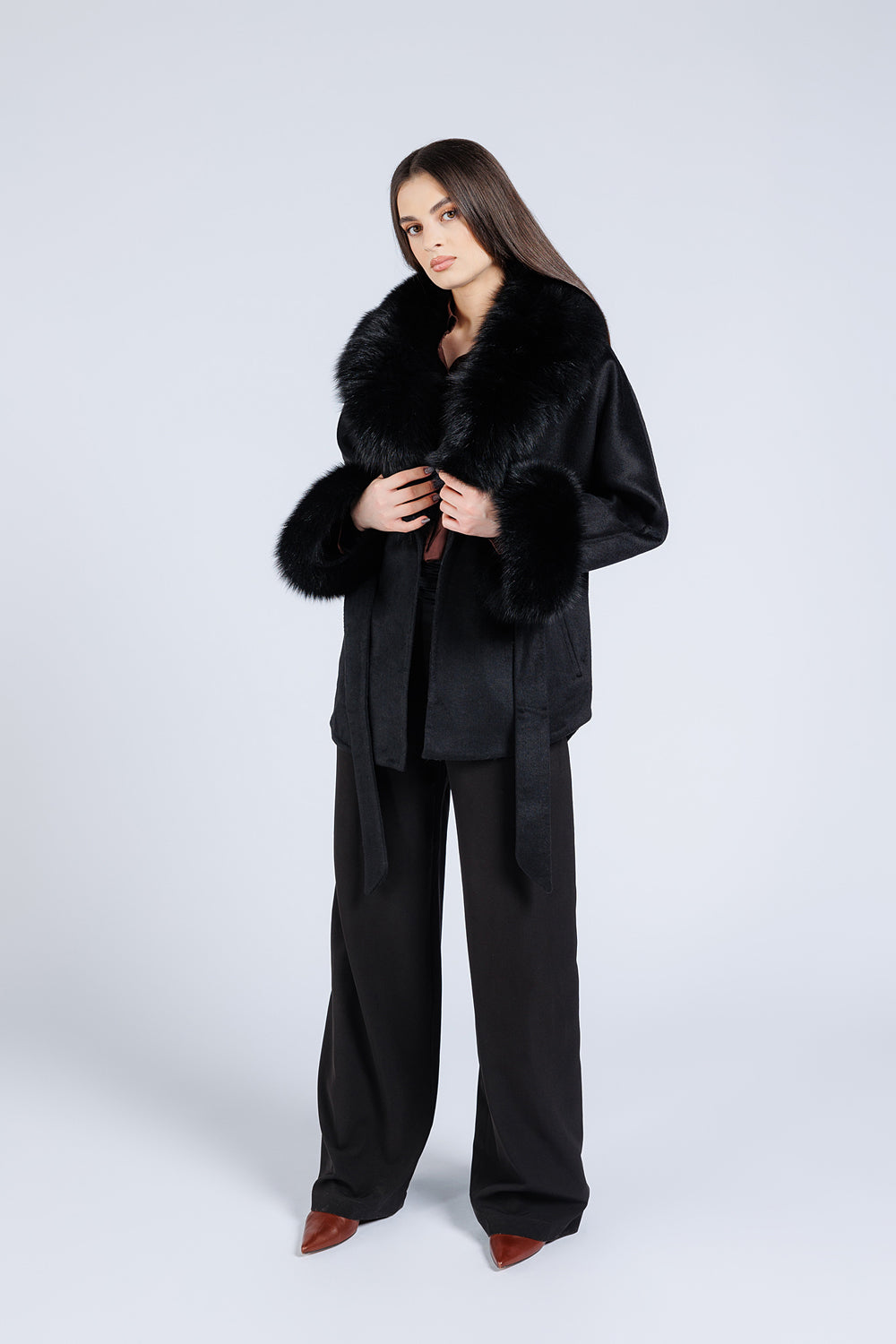 Palton din Lână Alpaca și Blană Naturală din Vulpe, model Oversized, Femei, Diamond 296