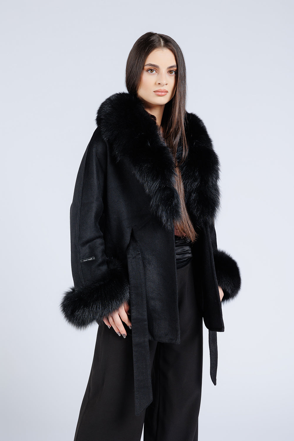 Palton din Lână Alpaca și Blană Naturală din Vulpe, model Oversized, Femei, Diamond 296