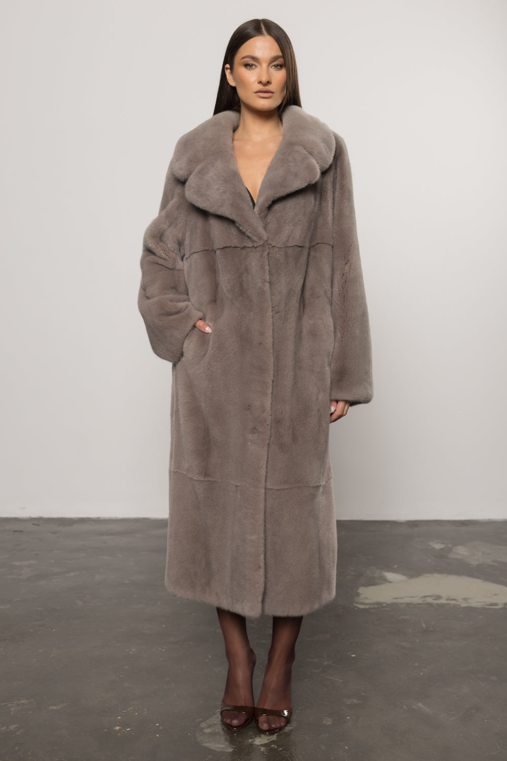 Palton din Blană Naturală de Vizon, cu Guler Rever, Femei, Pearl Grey 429