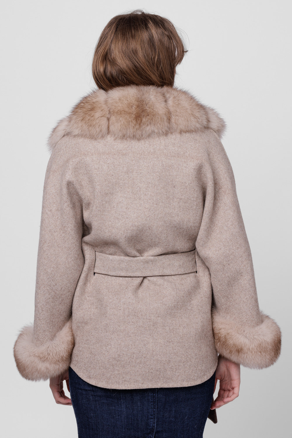 Palton din Lână Alpaca și Blană Naturală din Vulpe, model Oversized, Femei, Taupe