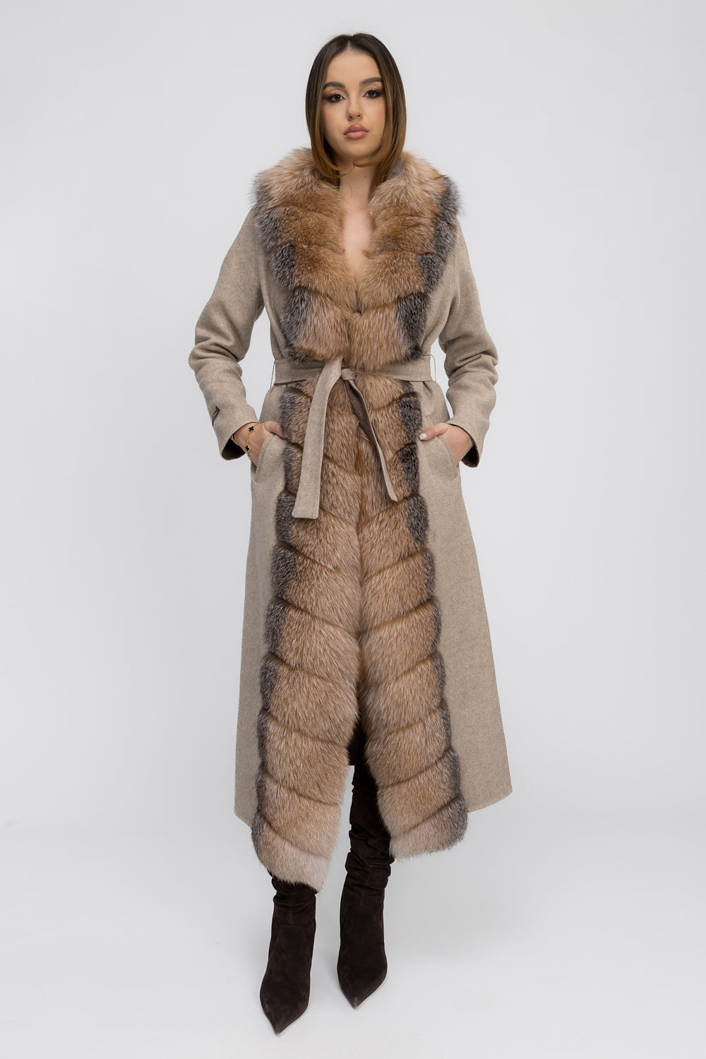 Palton din Lână Alpaca cu Blană Naturală de Vulpe, Femei, Amber Frost 449