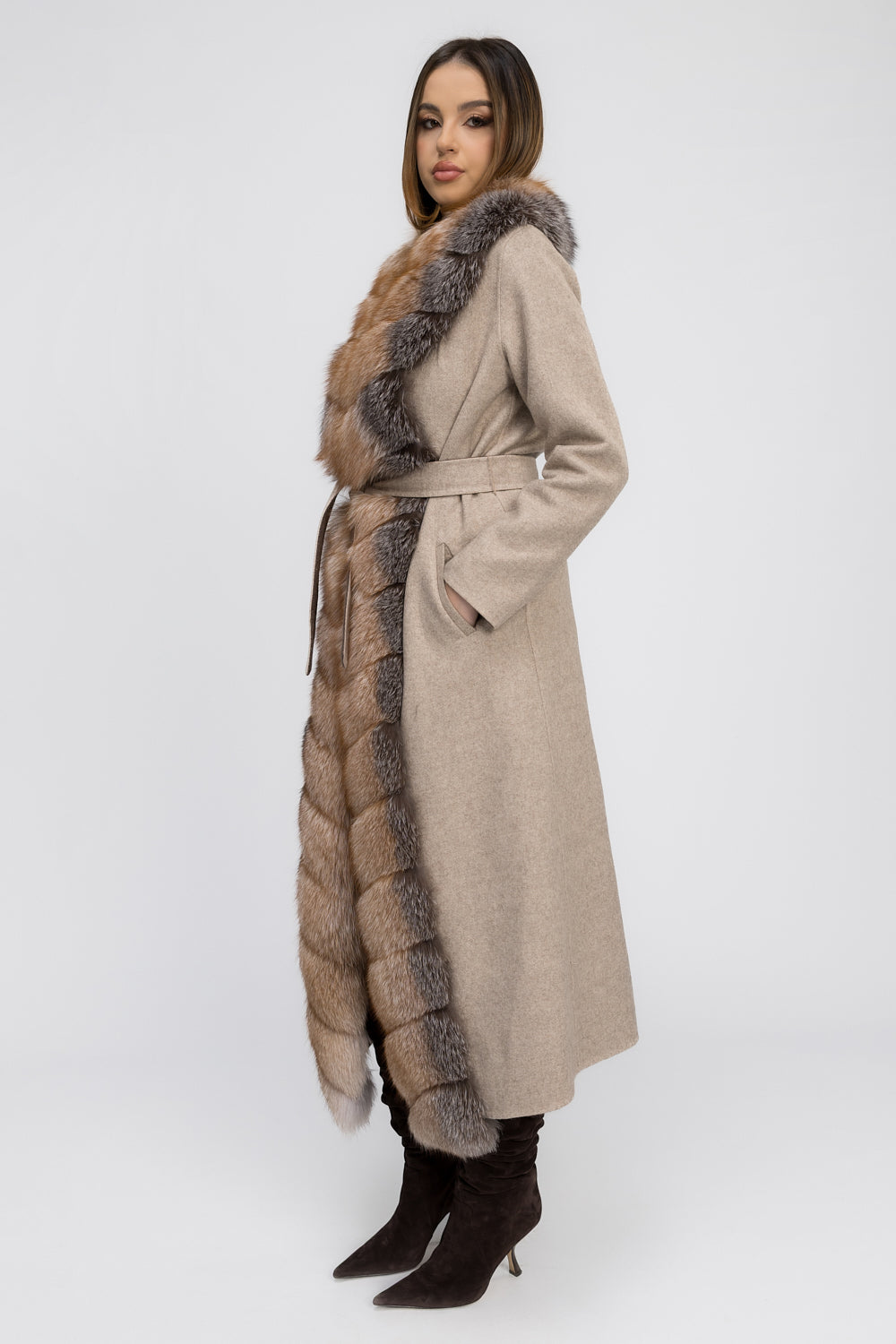 Palton din Lână Alpaca cu Blană Naturală de Vulpe, Femei, Amber Frost 449