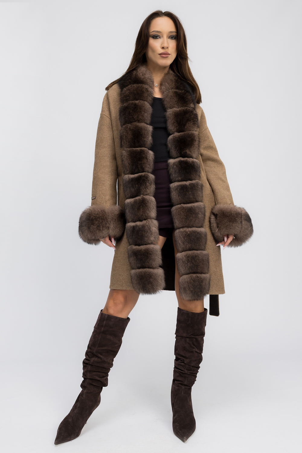 Palton din Lână Alpaca cu Blană Naturală de Vulpe, Femei, Truffle Glow 451