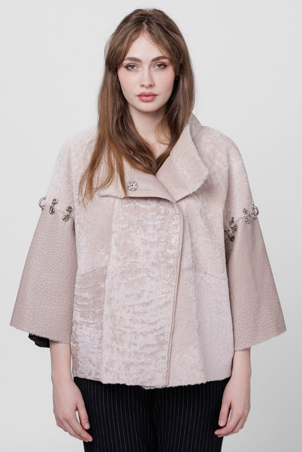 Poncho din piele si blană naturală shearling, bej perlat (Pearl)