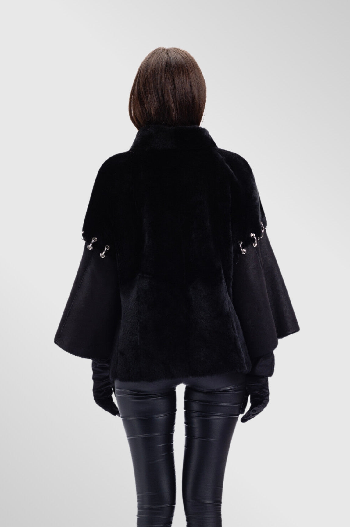 Women's Genuine Leather &amp; Shearling Poncho, Obsidian 