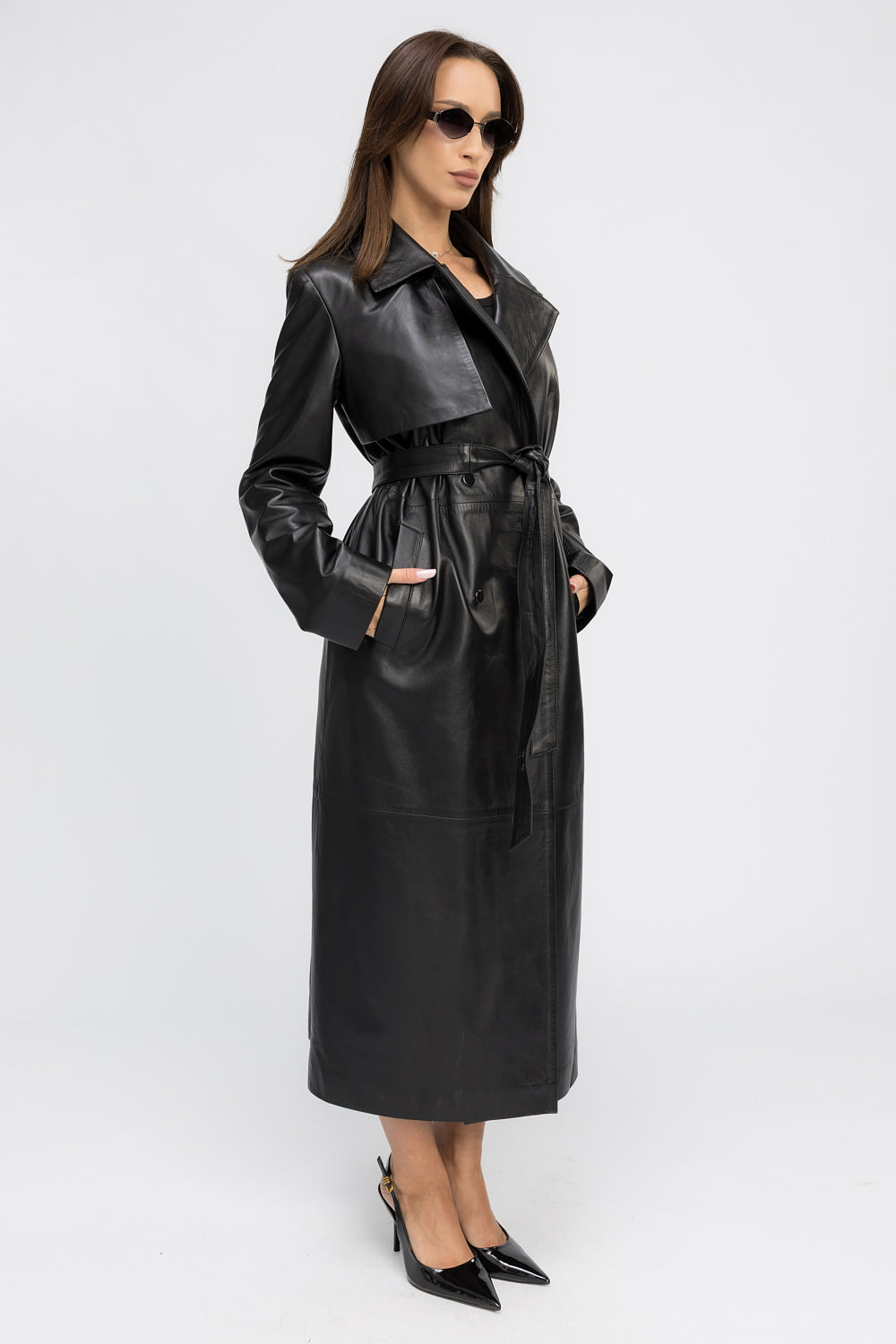 Trench din Piele Naturală, cu Guler Rever și Cordon, Femei, Obsidian Black 440
