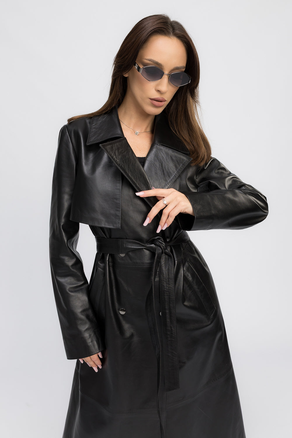 Women's Genuine Leather Trench Coat with Lapel Collar and Drawstring,