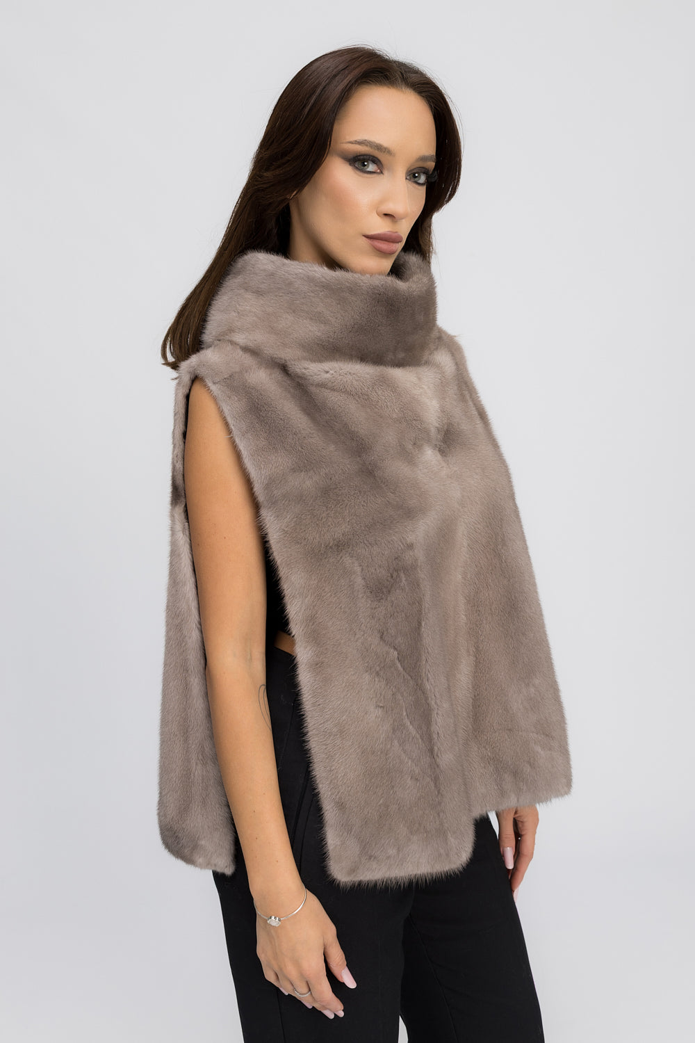 Vestă din Blană Naturală de Vizon, cu Guler Tunică Amplu, Femei, Silver Blue 438