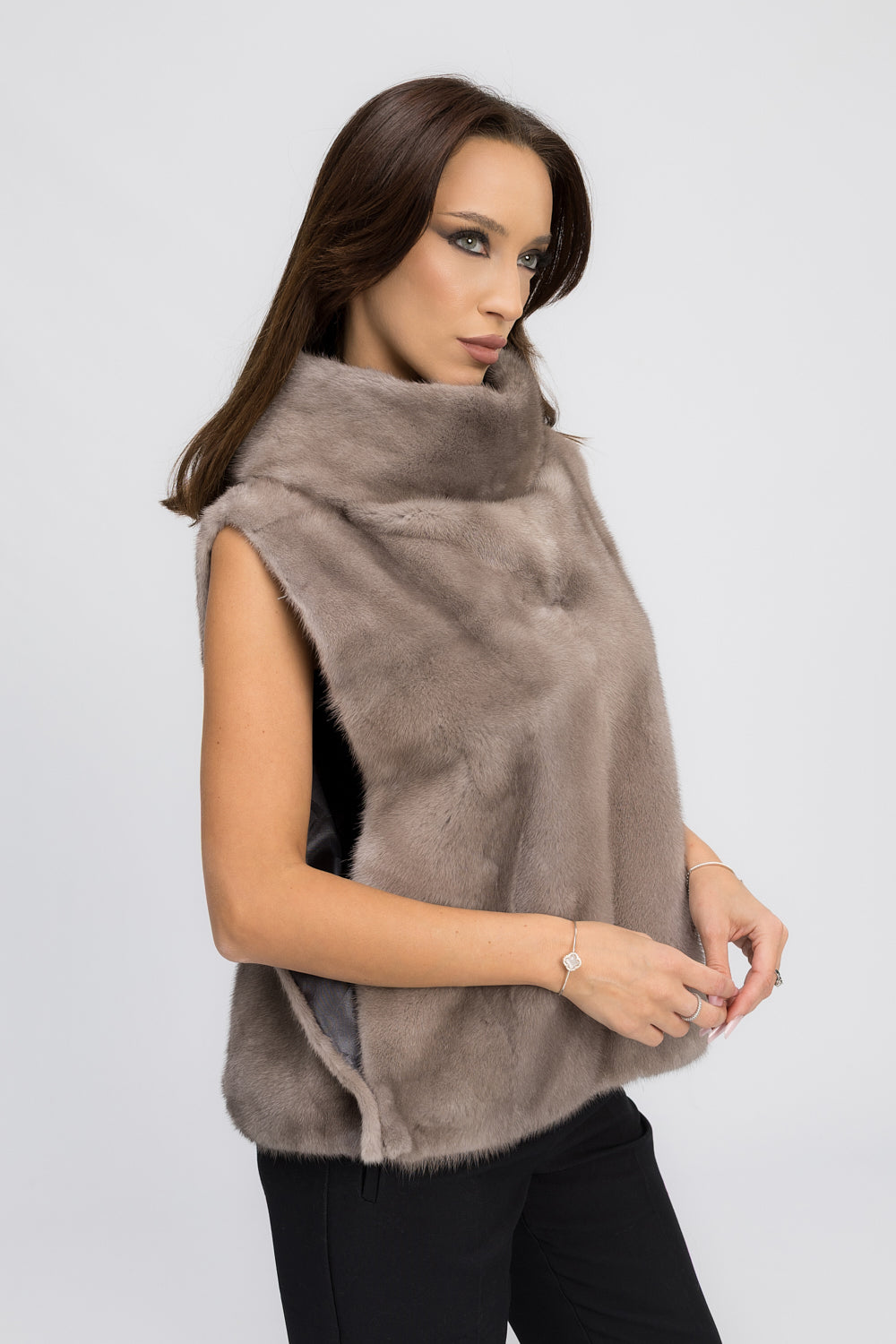 Vestă din Blană Naturală de Vizon, cu Guler Tunică Amplu, Femei, Silver Blue 438