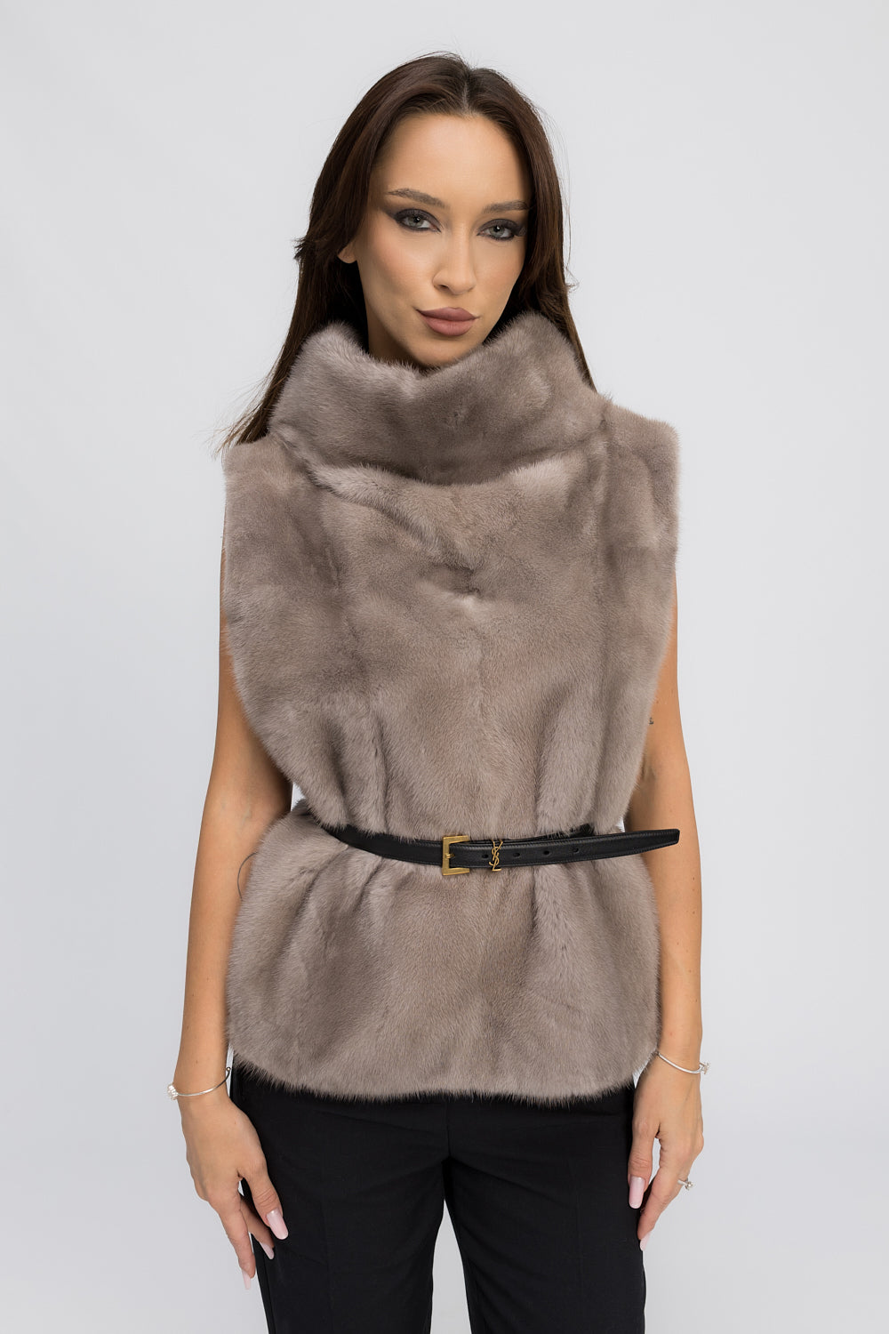 Vestă din Blană Naturală de Vizon, cu Guler Tunică Amplu, Femei, Silver Blue 438