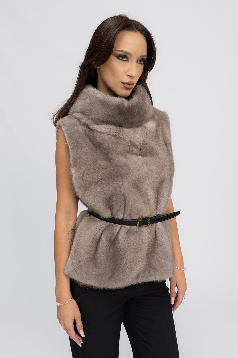 Vestă din Blană Naturală de Vizon, cu Guler Tunică Amplu, Femei, Silver Blue 438