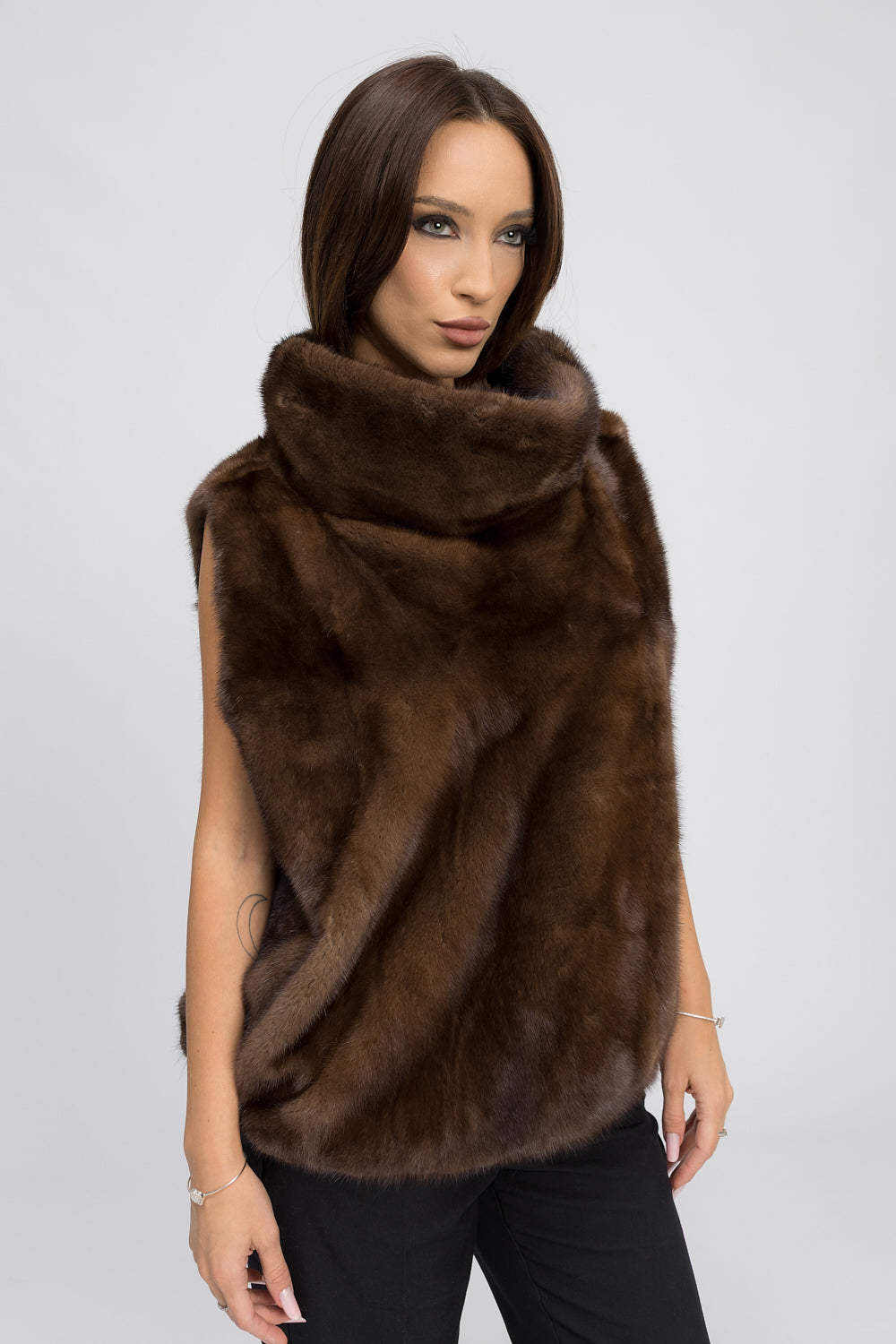 Vestă din Blană Naturală de Vizon, cu Guler Tunică Amplu, Femei, Chocolate 439