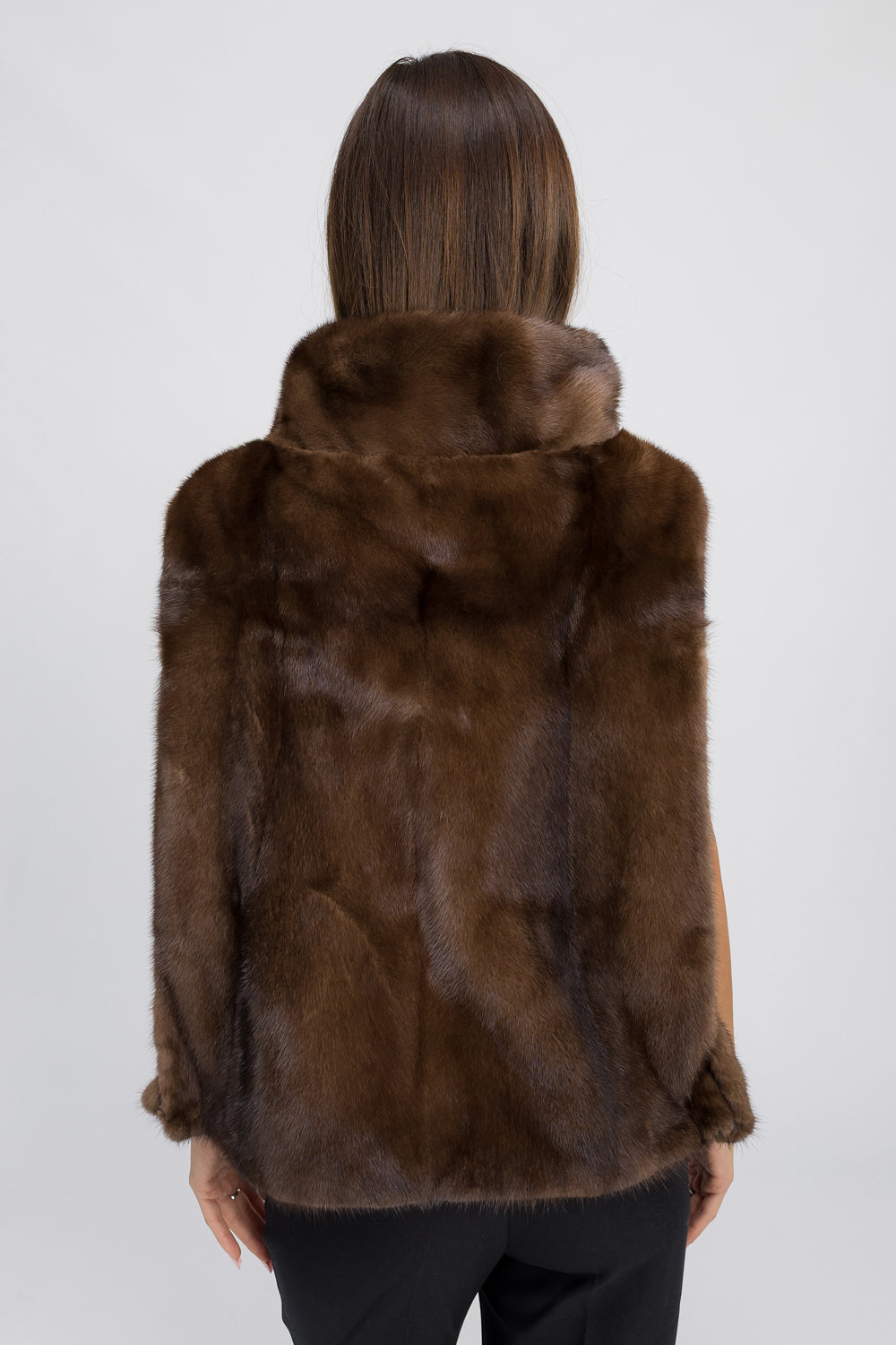 Natural Mink Fur Vest, with Wide Tunic Collar, Women, Chocolate 439