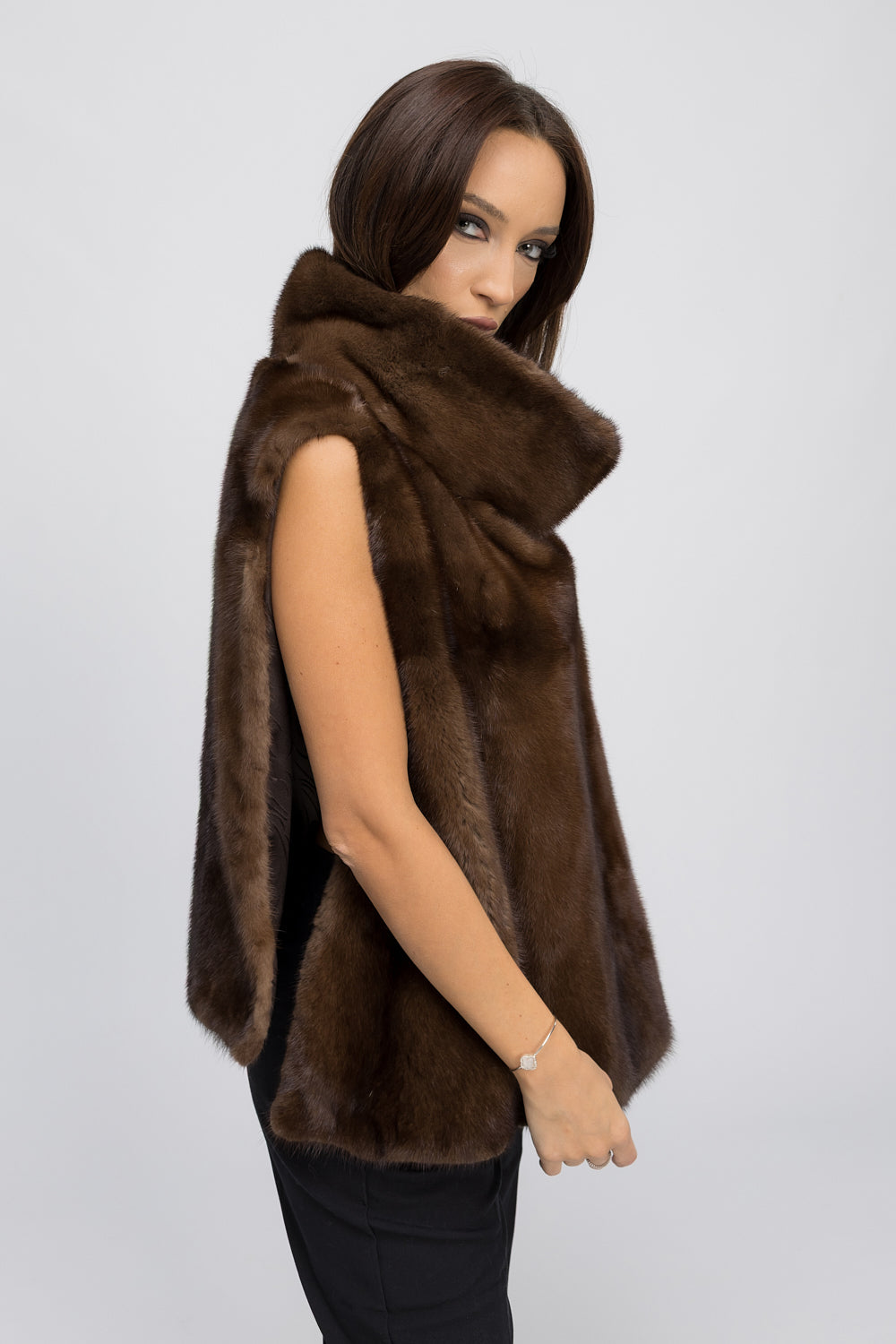 Vestă din Blană Naturală de Vizon, cu Guler Tunică Amplu, Femei, Chocolate 439