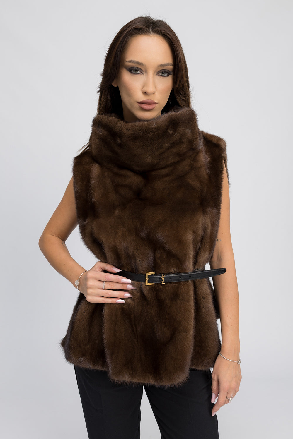 Vestă din Blană Naturală de Vizon, cu Guler Tunică Amplu, Femei, Chocolate 439