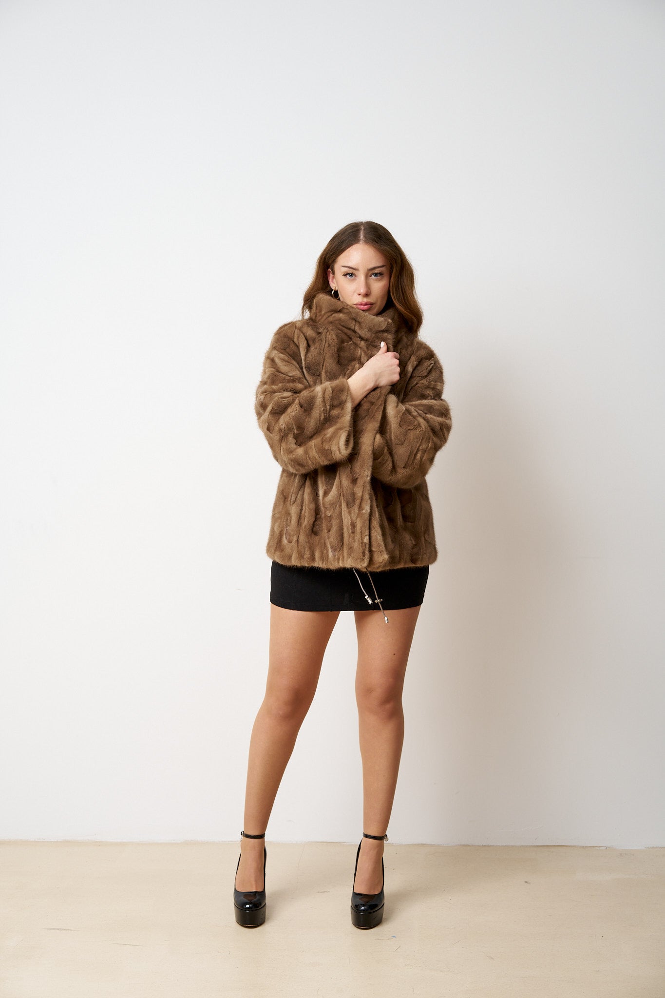 Haină din Blană Naturală de Vizon, Mâneci 3/4, Femei, Pastel 487