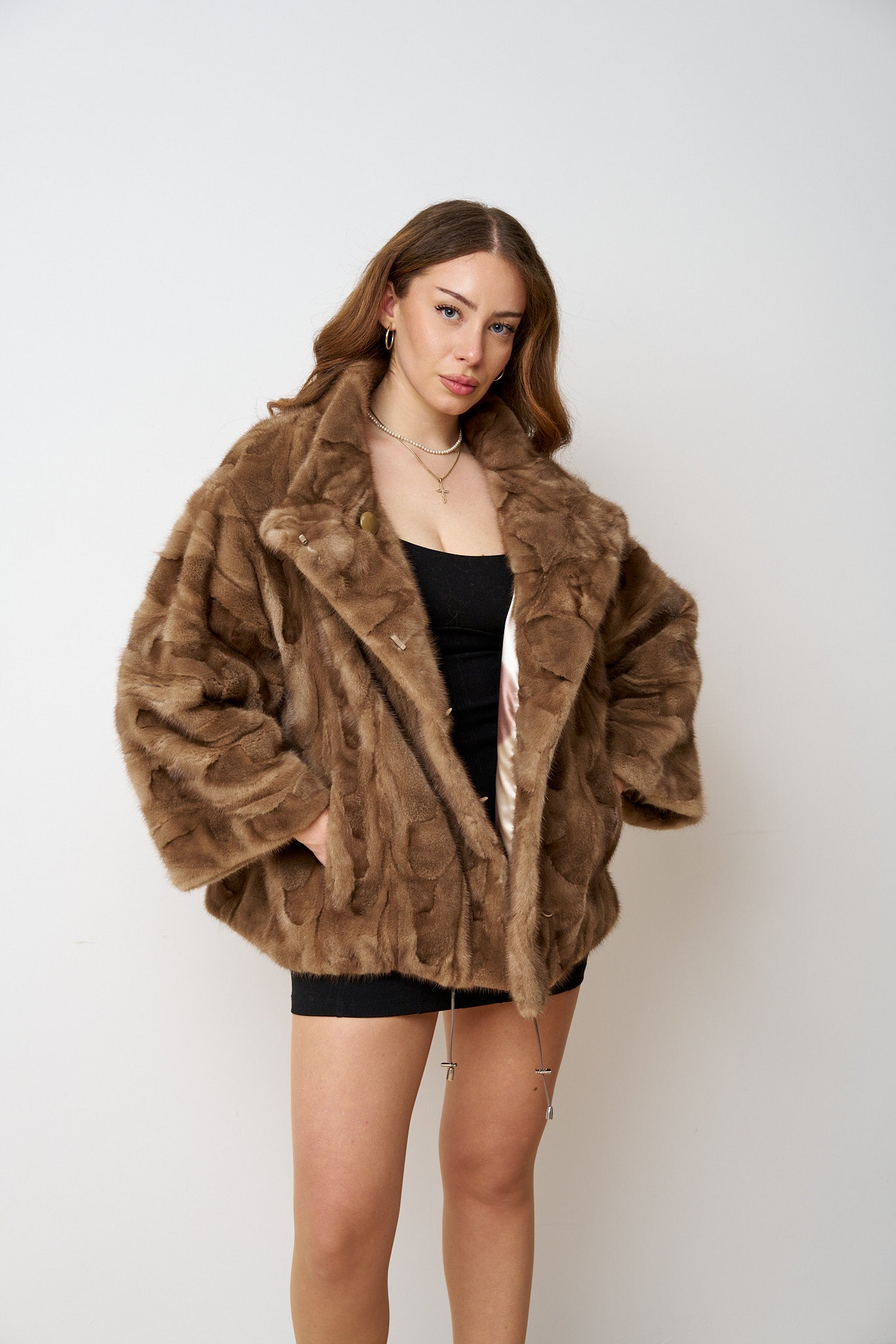 Haină din Blană Naturală de Vizon, Mâneci 3/4, Femei, Pastel 487