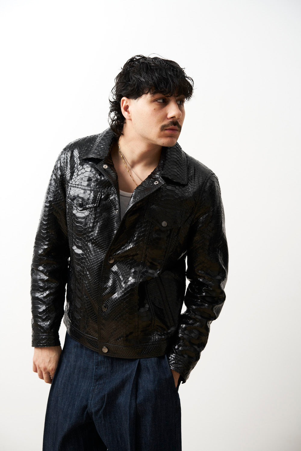 Geacă din Piele Naturală de Piton pentru Bărbați, Negru, Mareus