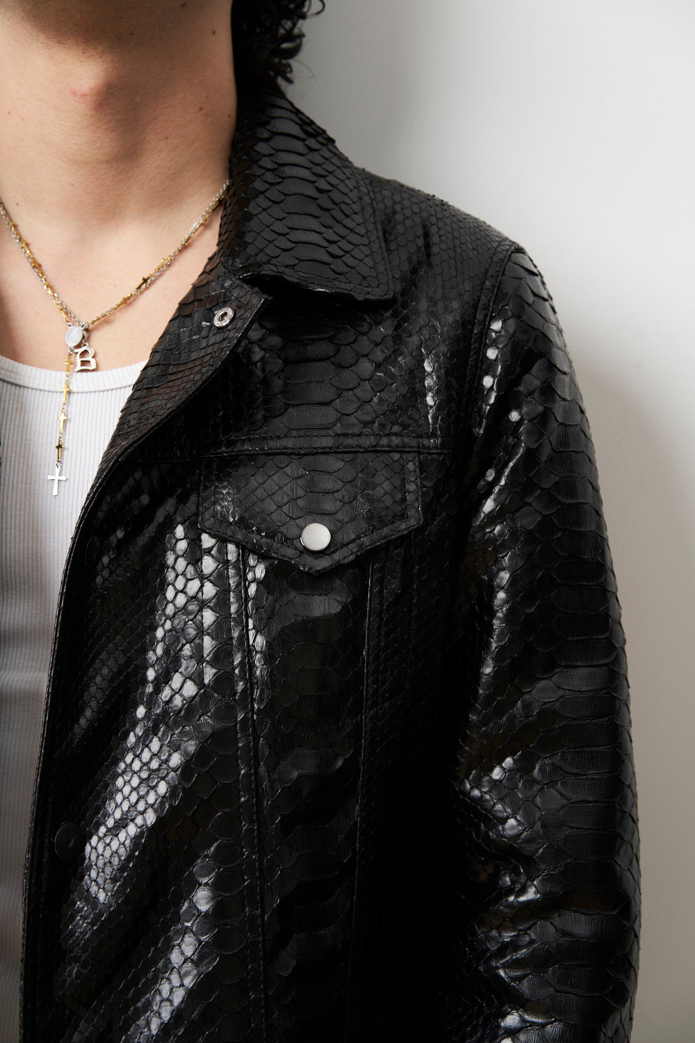 Geacă din Piele Naturală de Piton pentru Bărbați, Negru, Mareus