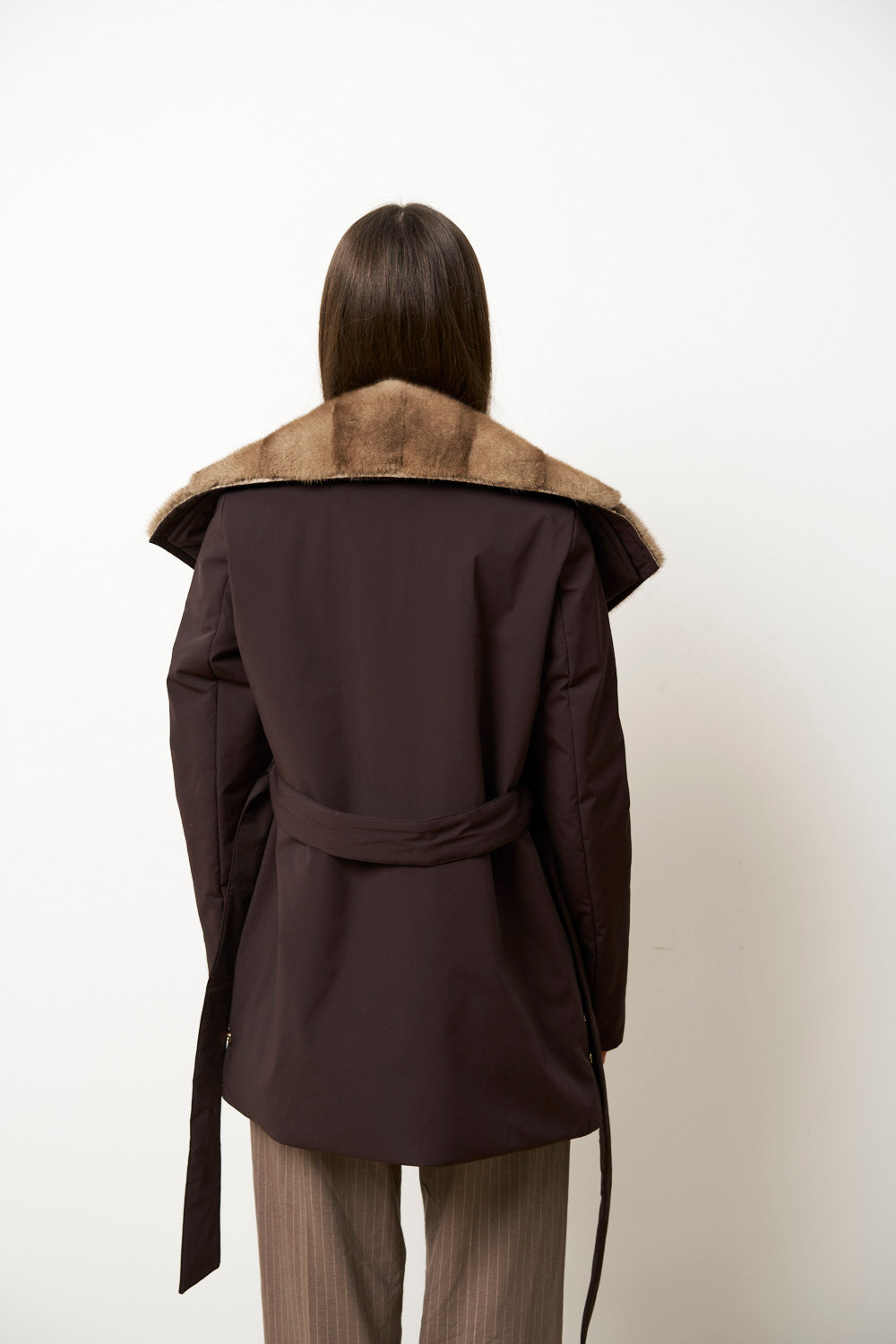 Geacă din Fâș cu Guler din Blană Vizon pentru Femei, Maro, Mareus