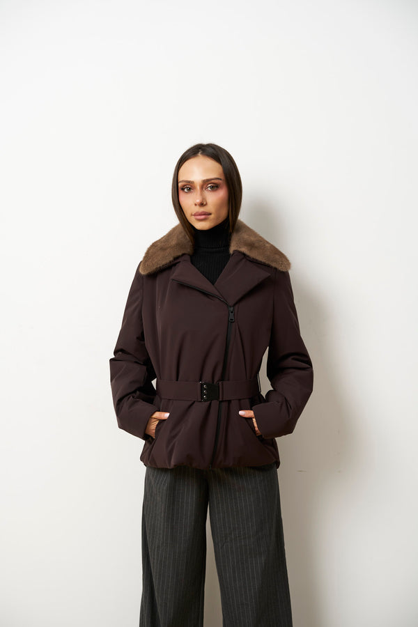 Mink Fur Strip Jacket with Detachable Collar, Brown, Mareus