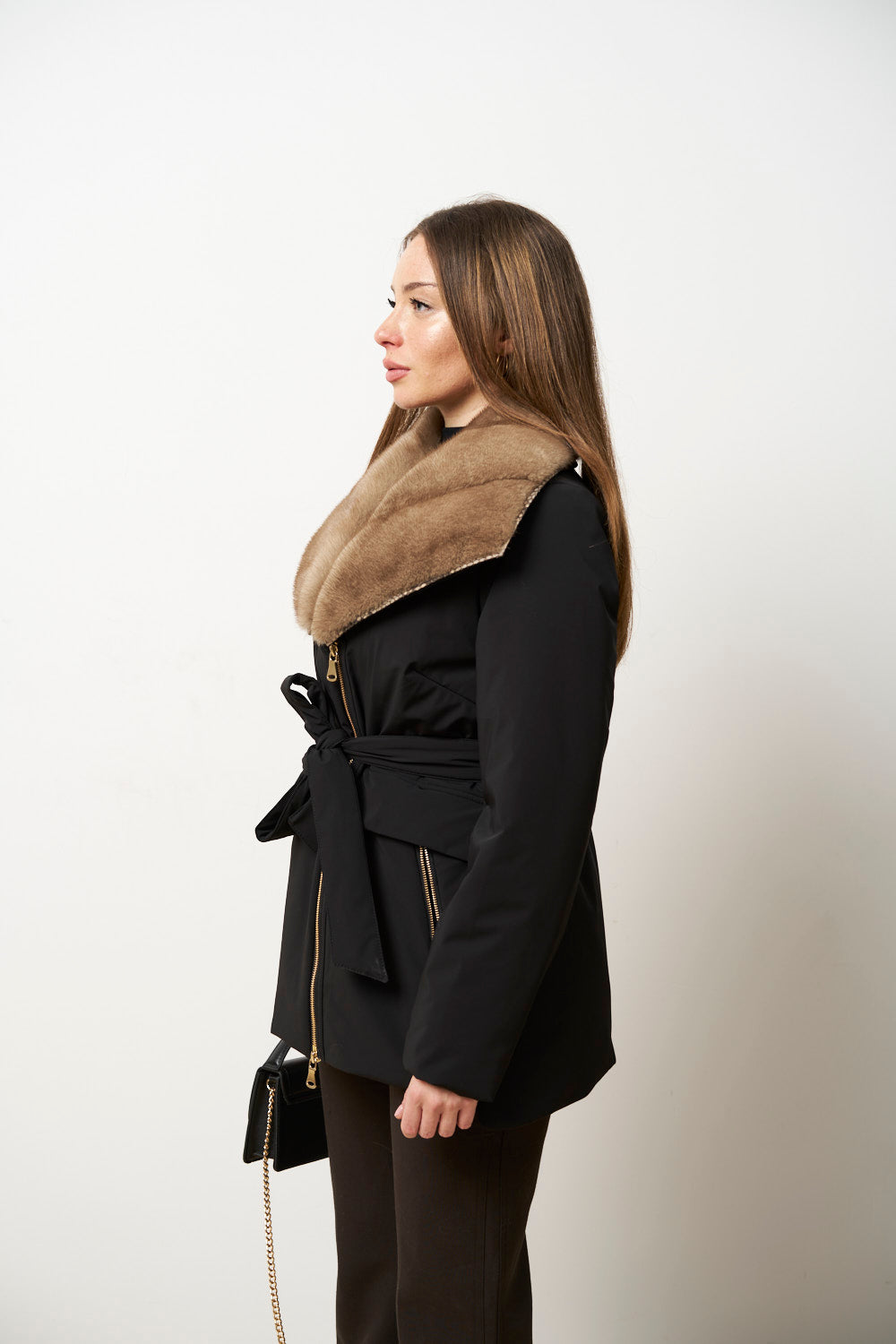 Geacă din Fâș cu Guler din Blană Vizon pentru Femei, Neagra, Mareus