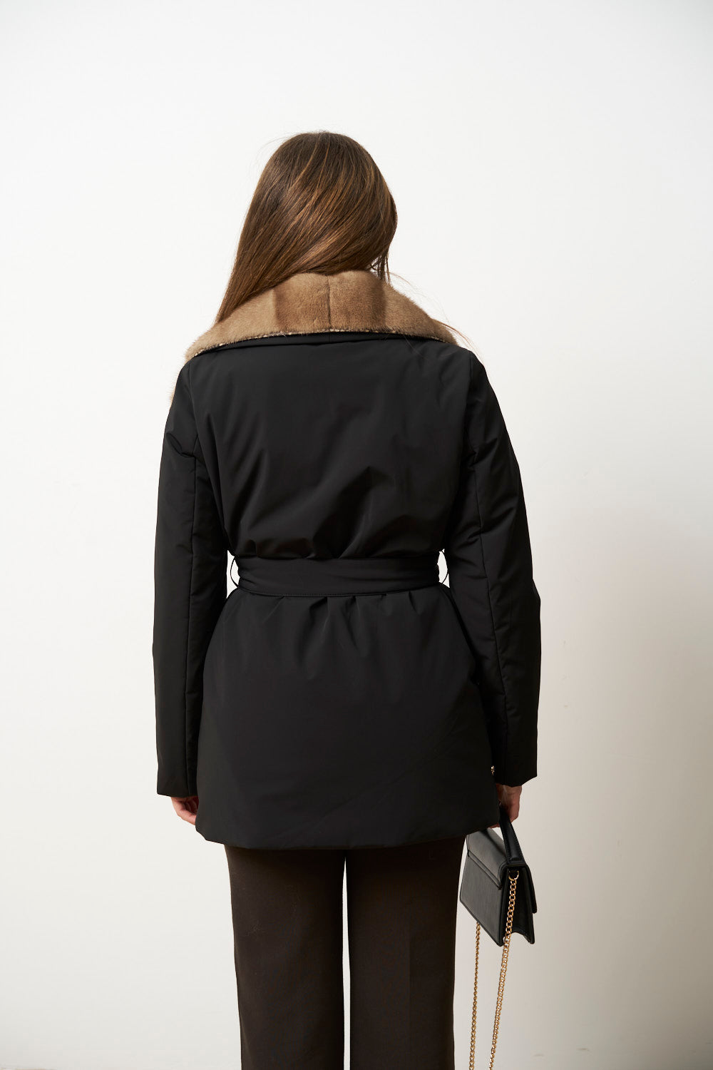 Geacă din Fâș cu Guler din Blană Vizon pentru Femei, Neagra, Mareus