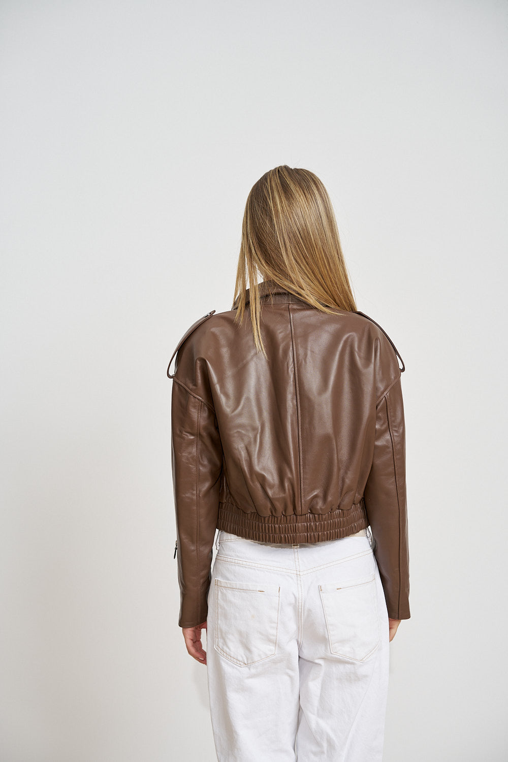 Geacă din Piele Naturală, Crop, Cocoa Brown 662