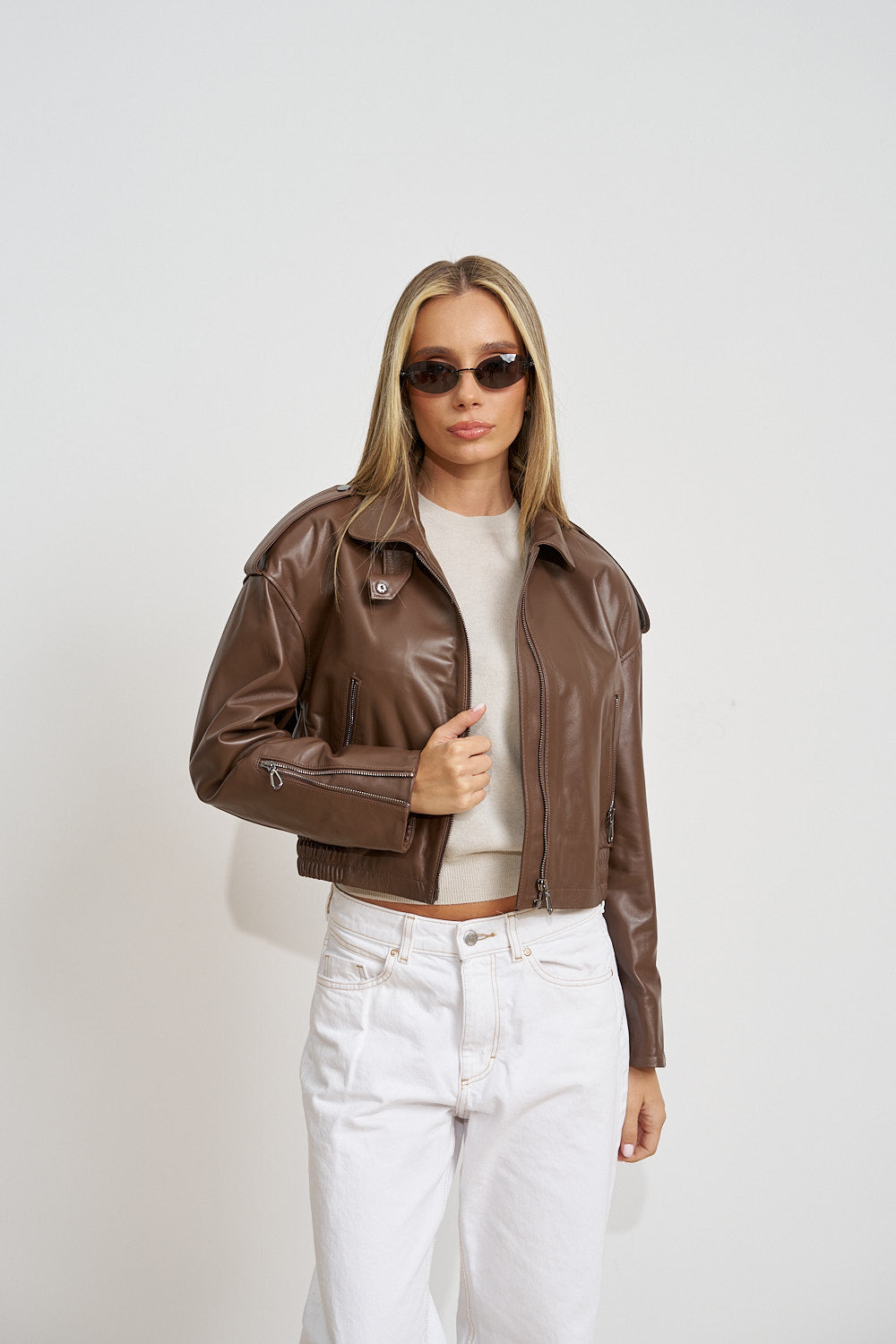 Geacă din Piele Naturală, Crop, Cocoa Brown 662