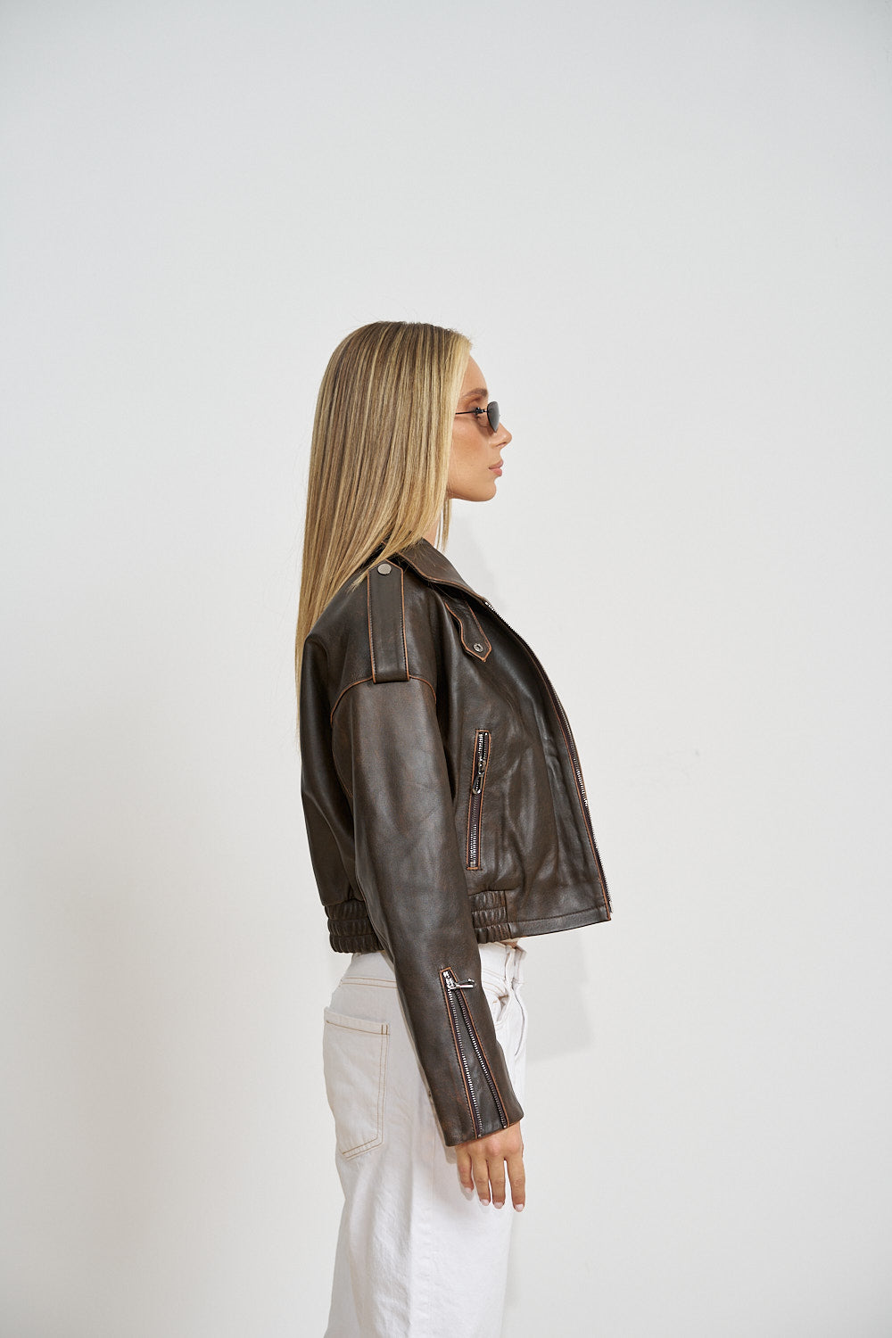 Geacă din Piele Naturală, Crop, Efect Vintage, Antique Brown 663