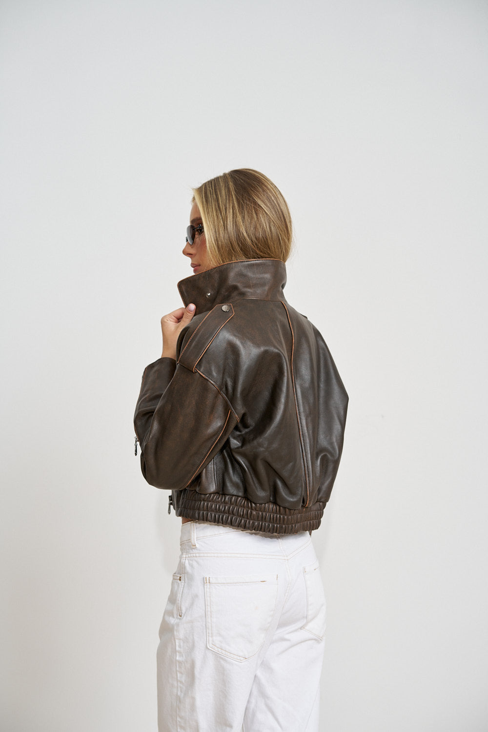 Geacă din Piele Naturală, Crop, Efect Vintage, Antique Brown 663