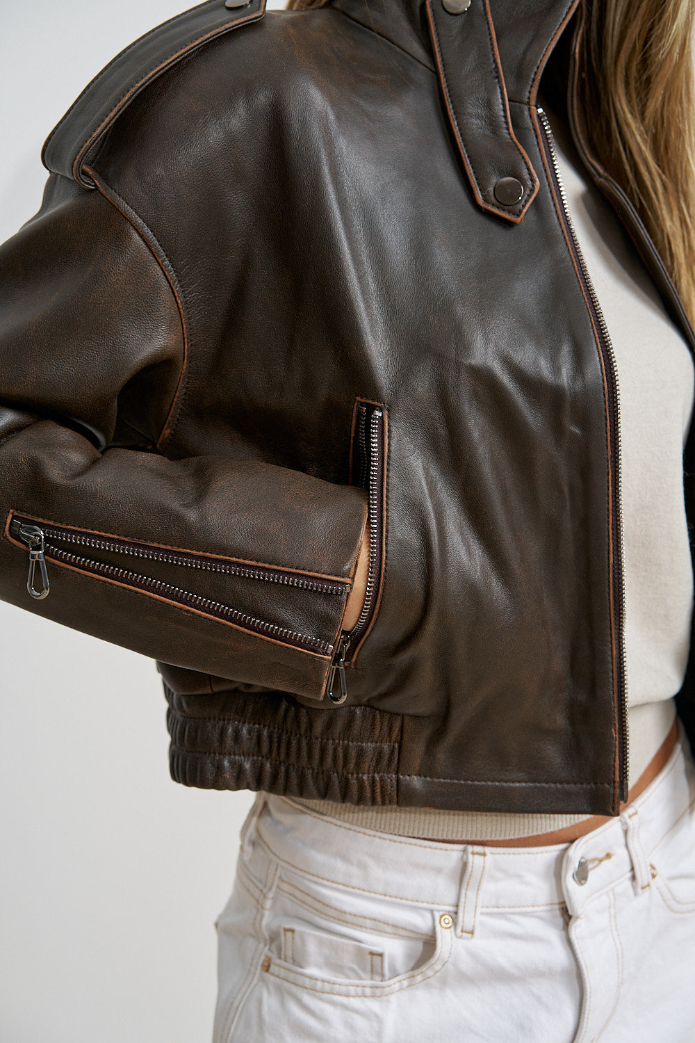 Geacă din Piele Naturală, Crop, Efect Vintage, Antique Brown 663