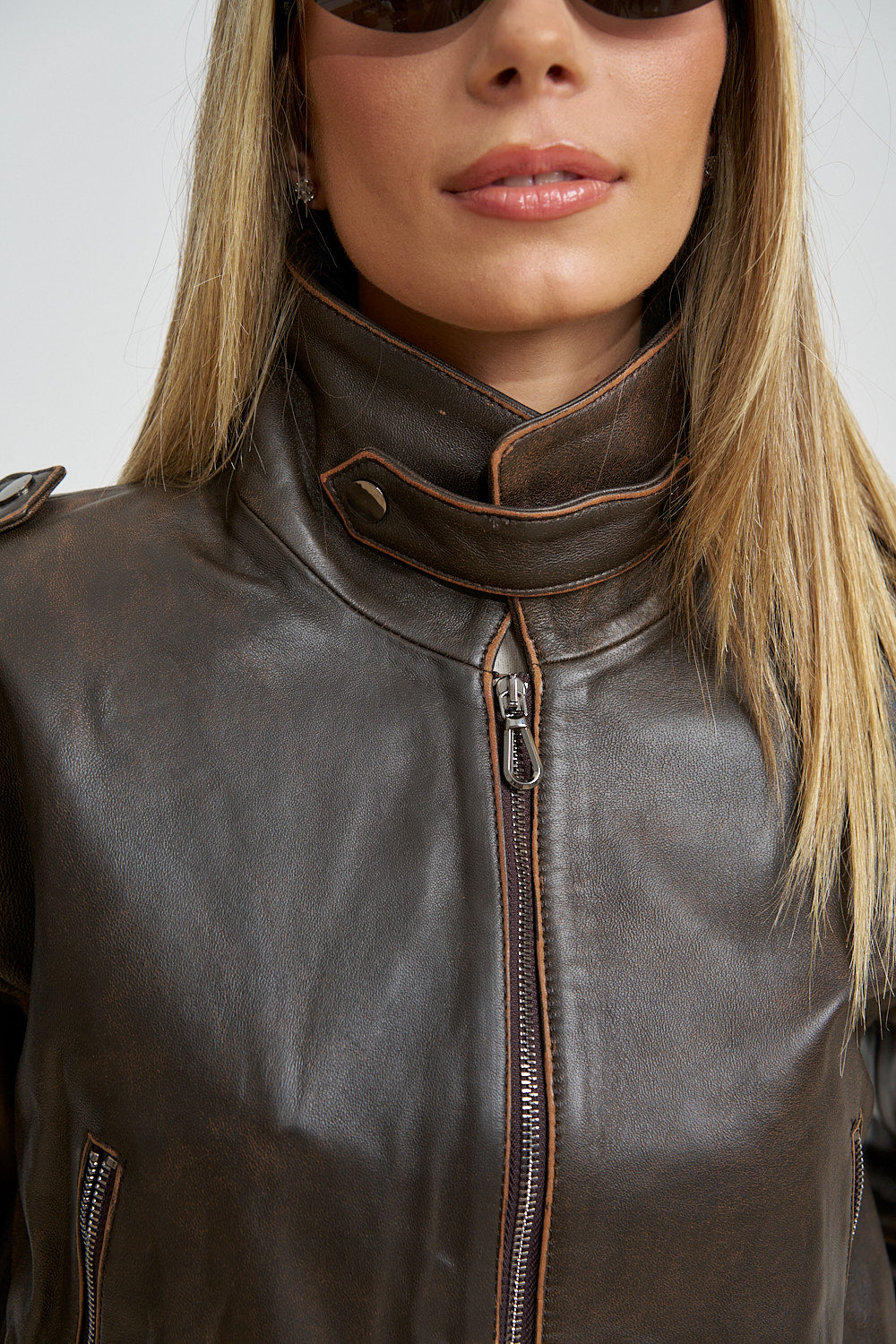 Geacă din Piele Naturală, Crop, Efect Vintage, Antique Brown 663