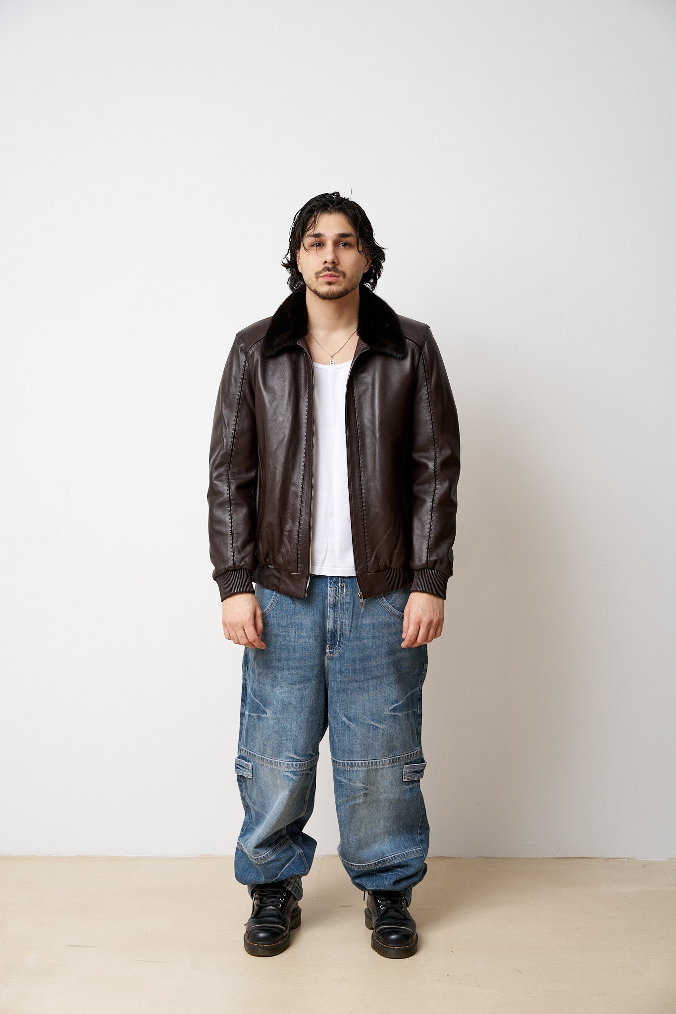 Geacă din Piele Naturală, cu Guler din Vizon, Maro, Mareus