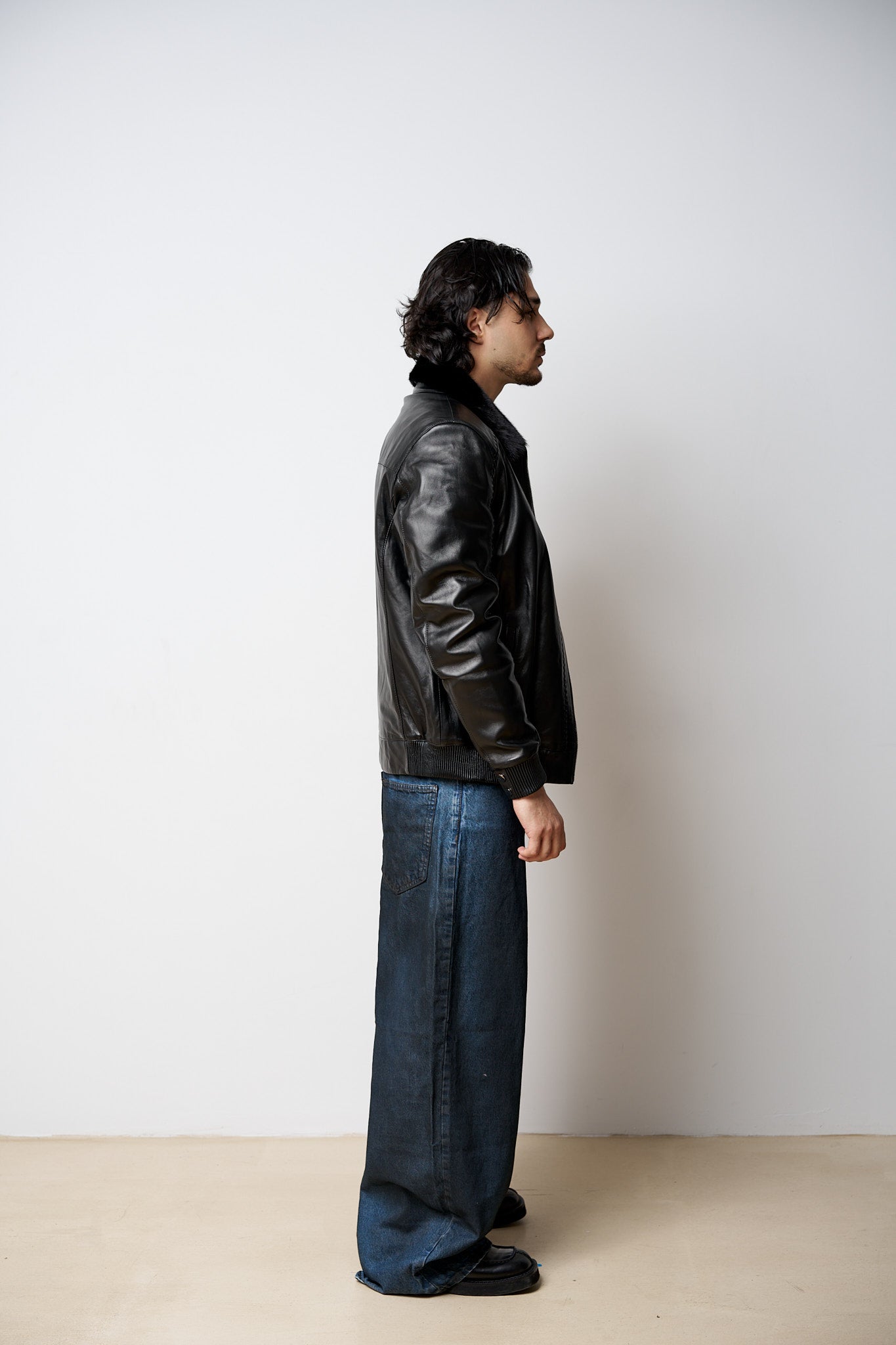 Geacă din Piele Naturală Îmblănită, Guler din Vizon, Negru, Mareus