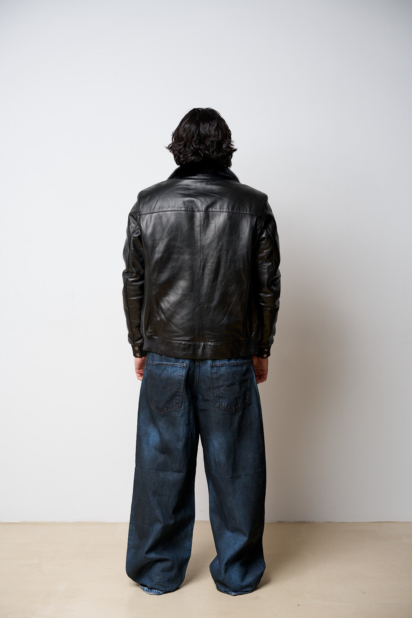Natural Fur-Lined Leather Jacket, Mink Collar, Black | MAREUS