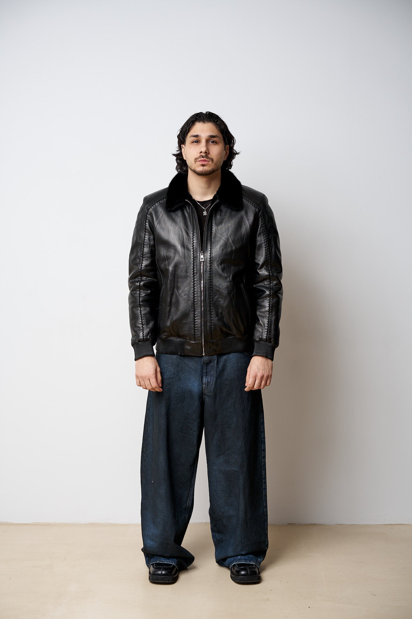 Geacă din Piele Naturală Îmblănită, Guler din Vizon, Negru, Mareus