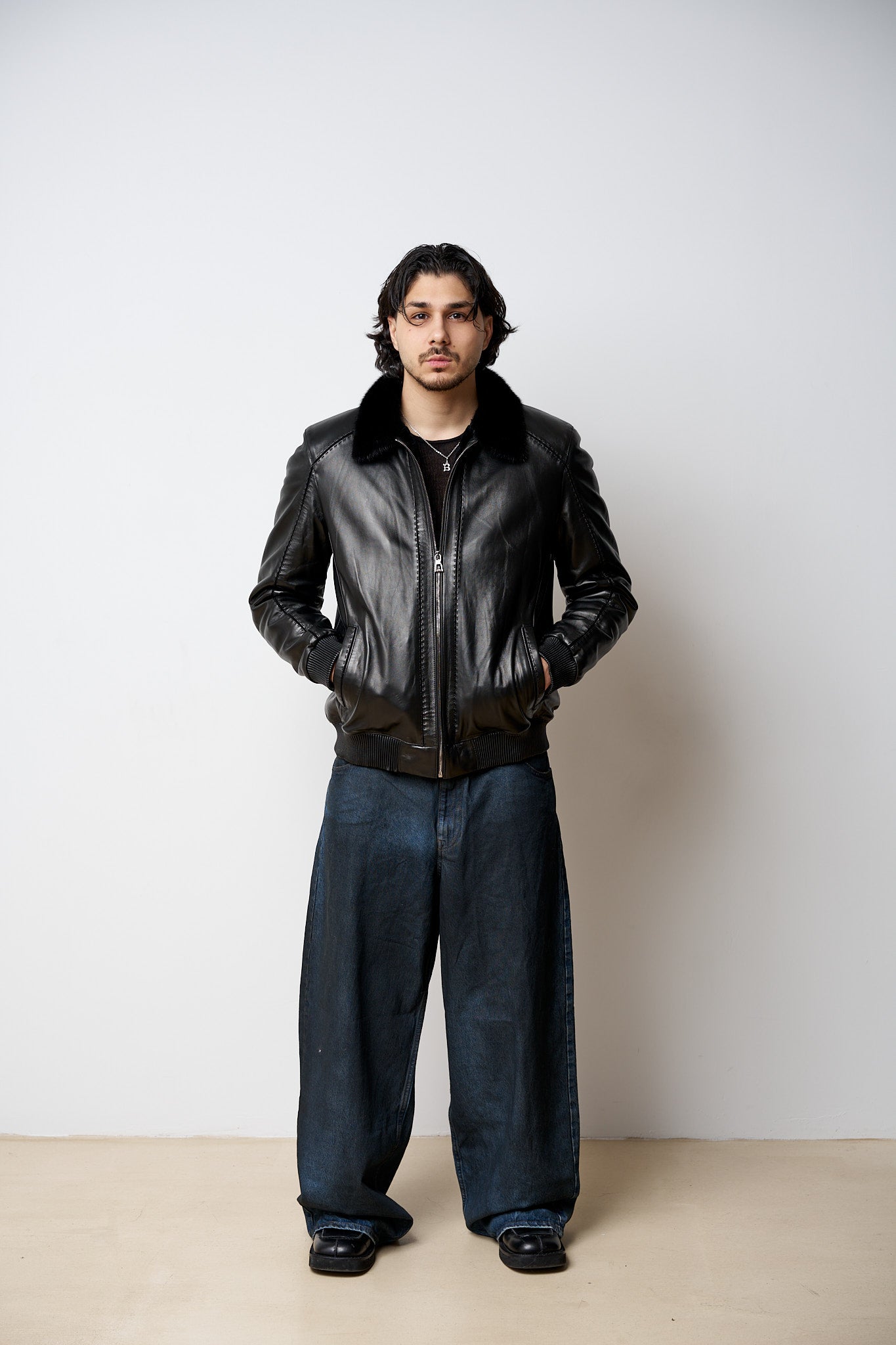 Geacă din Piele Naturală Îmblănită, Guler din Vizon, Negru, Mareus