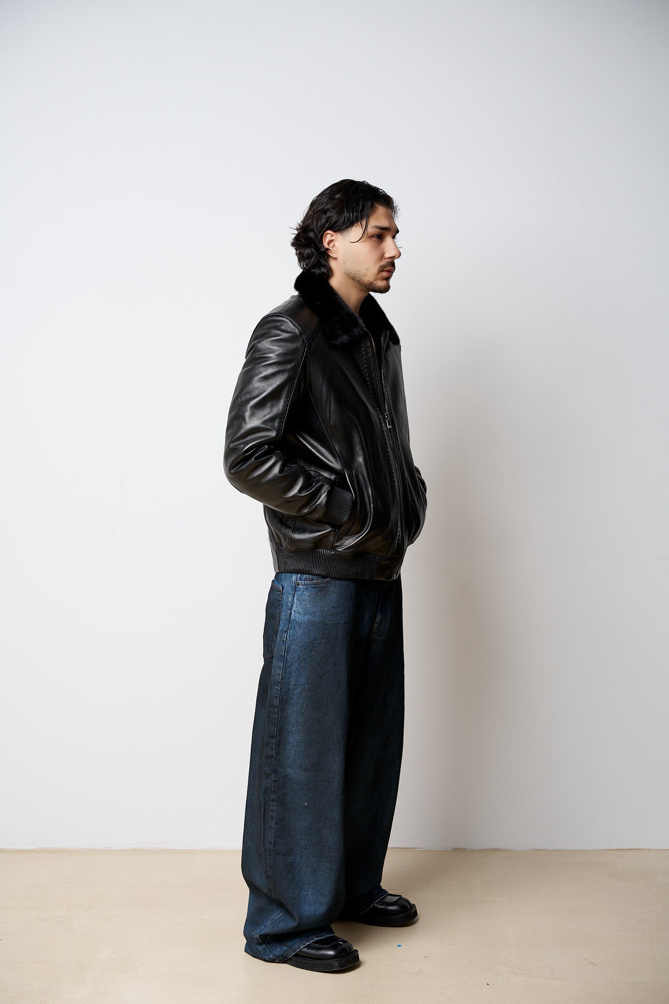 Geacă din Piele Naturală Îmblănită, Guler din Vizon, Negru, Mareus