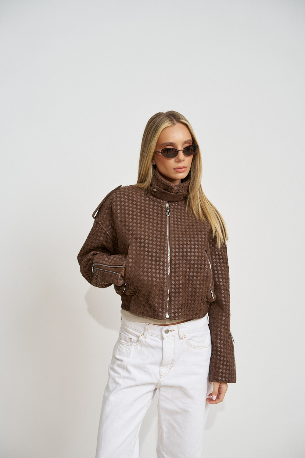Geacă din Piele Naturală Împletită, Crop, Chocolate Brown 661